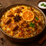 Aromatic chicken biryani in a pot with saffron rice and herbs