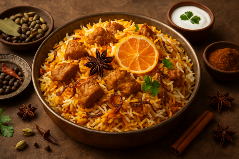 Aromatic chicken biryani in a pot with saffron rice and herbs