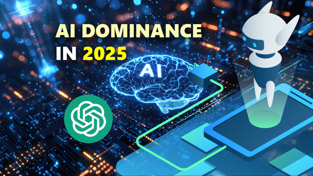 Futuristic holographic Earth with glowing neural networks and floating AI tool icons representing GPT-5, Midjourney v7, and cybersecurity in 2025