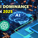 Futuristic holographic Earth with glowing neural networks and floating AI tool icons representing GPT-5, Midjourney v7, and cybersecurity in 2025