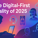 A futuristic digital lifestyle collage showing VR meetings, AI assistants, and global remote work in 2025