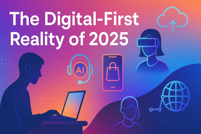 A futuristic digital lifestyle collage showing VR meetings, AI assistants, and global remote work in 2025