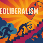 Diverse group of people looking stressed amidst modern city architecture, reflecting the societal impact of constant competition.
