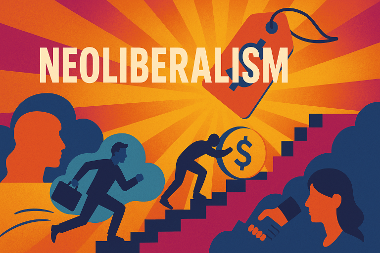 Diverse group of people looking stressed amidst modern city architecture, reflecting the societal impact of constant competition.